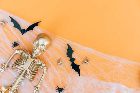 Halloween background with cobweb, spiders and golden skeleton over orange background with copy space for text. Halloween party invitation templateの写真素材