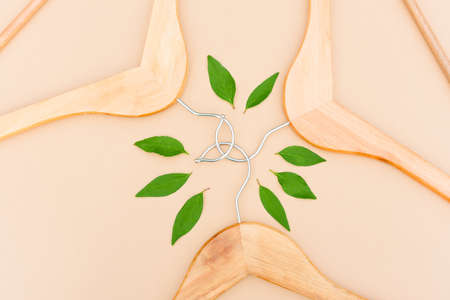 Wooden hangers with green leaves over light brown background. Symbol of slow fashion. Reuse, recycling and upcycling clothes concept. Green shoppingの写真素材