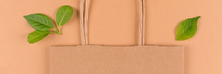 Kraft paper shopping bag with green leaves over light brown background with copy space. Street food take away paper bag, sustainable packaging concept. Monochrome flat lay, mockupの写真素材