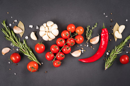 Food background - many seasonings, herbs and vegetables over dark concrete background. Garlic, tomatoes, chili pepper and rosemaryの写真素材