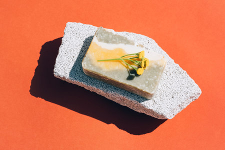 Vegan herbal soap bar with natural ingredients. Modern composition with soap bar on white stone over red brown backgroundの写真素材