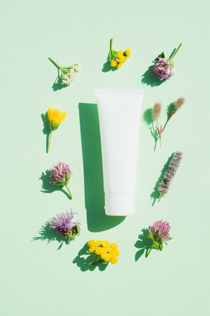 Herbal beauty products - tube with hand cream, face cream or body lotion with natural ingredients with flowers around over green mint background. Flat lay style, mockup. Vertical imageの写真素材