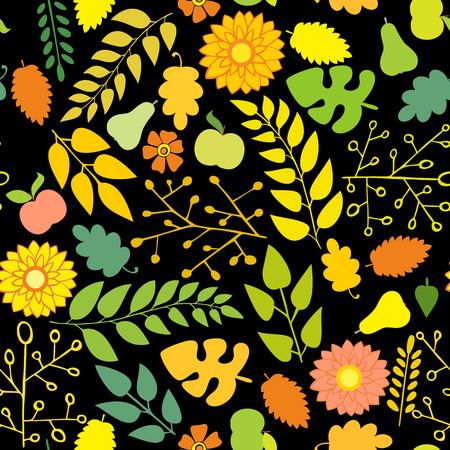 Seamless autumn pattern with flowers and foliage on a black backgroundのイラスト素材