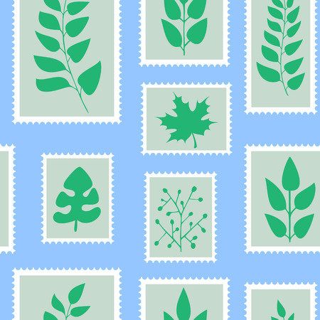 Seamless pattern. postal stamps with green leavesのイラスト素材