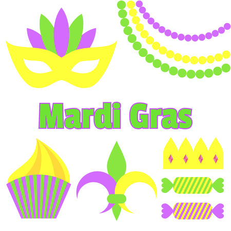 Set to Mardi Gras with carnival mask, fleur-de-lis, harlequin, crown, cake, garland, on white backgroundのイラスト素材