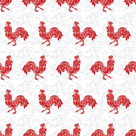 Seamless pattern with roosters made of floral ornament. Red cocks on a white background.のイラスト素材