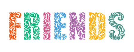 Word FRIENDS. Decorative Font with swirls and floral elements isolated on a white backgroundのイラスト素材