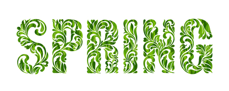 SPRING. Decorative Font with swirls and floral elements isolated on a white backgroundのイラスト素材