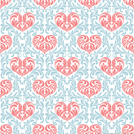 Pink hearts made in swirls, leaves and floral elements.のイラスト素材