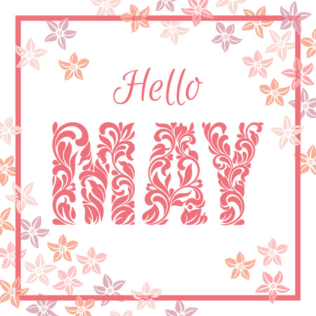 Hello MAY. Decorative Font made in swirls and floral elements isolated on a white background. Background is decorated with pink flowersのイラスト素材