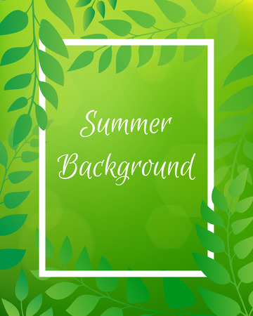 Nature gradient backdrop with foliage and rectangular frame. Green blurred background with bokeh. It can be used for poster, sale banner, packaging.のイラスト素材