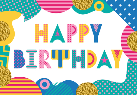 Stylish greeting card. Happy Birthday. Trendy geometric font in memphis style of 80s-90s. Rectangular frame from abstract geometric elementsのイラスト素材