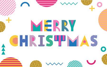 Merry Christmas. Trendy geometric font in memphis style of 80s-90s. Abstract colored shapes isolated on white backgroundのイラスト素材