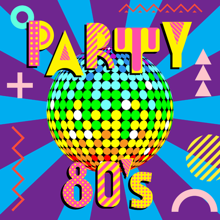 Banner for a party in the style of the eighties. Trendy geometric font in memphis style of 80s-90s. Disco Ball with colored raysのイラスト素材