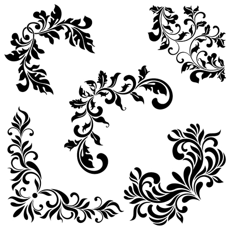A set of angular ornaments. Ideal for stencil. Ornate tracery of swirls and leaves isolated on white background. Decorative vintage style.のイラスト素材