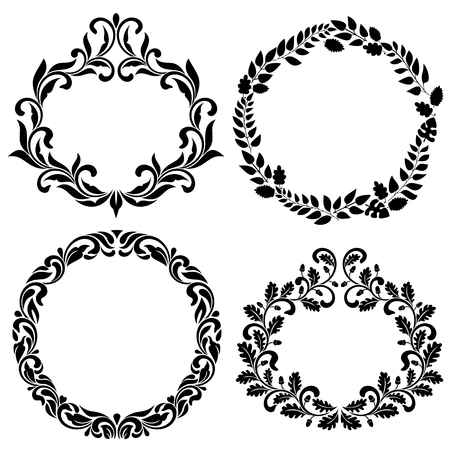 Set of Decorative Frames. Ideal for stencil. Vintage style. Ornate tracery of swirls and leaves isolated on white background.のイラスト素材