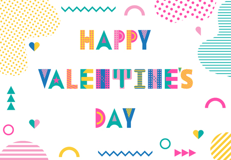 Happy Valentines day. Trendy geometric font in memphis style of 80s-90s. Text and abstract geometric shapes isolated on white background.のイラスト素材