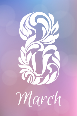 8 March. Greeting card or poster. Eight of the flower ornament. Delicate blurred background of pink and blue tonesのイラスト素材