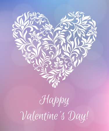 Happy Valentines day. Heart of flowers. Delicate blurred background of pink and blue tones with bokeh. A gentle romantic design. Suitable for postcardsのイラスト素材