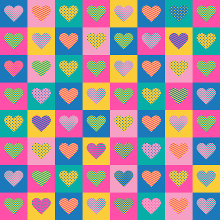 Seamless pattern.  Color hearts in colorful squares. Bright and cheerful design for a Valentine's day or a romantic designのイラスト素材