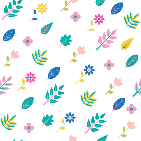 Seamless pattern in Memphis style of 80-90. Vector background with Colorful leaves and flowers isolated on a white backgroundのイラスト素材
