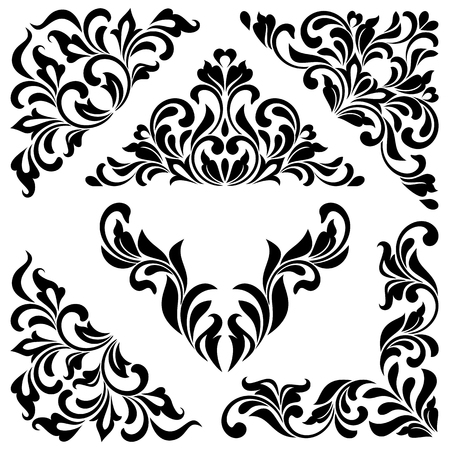 A set of angular ornaments. Ideal for stencil. Ornate tracery of swirls and leaves isolated on white background. Decorative vintage style.のイラスト素材