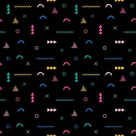 Seamless pattern in Memphis style. Abstract vector backgrounds with geometric ornaments. Colored geometric damaged shapes on a black background. Computer glitch backgroundのイラスト素材