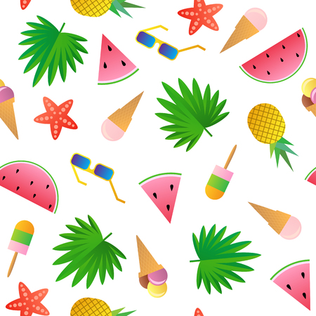 Vector seamless pattern. Watermelon, pineapple, ice cream, glasses, starfish and palm leaves isolated on a white background.のイラスト素材