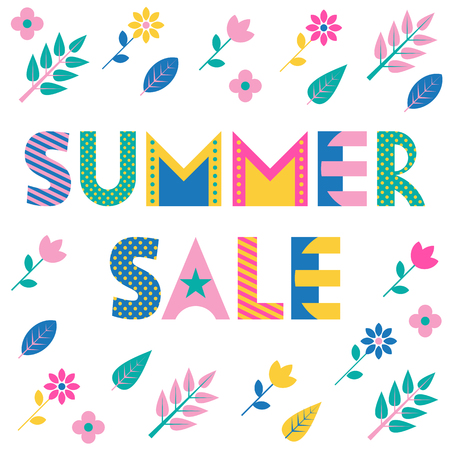 Summer Sale. Trendy geometric font. Text, foliage and flowers isolated on a white background. Memphis style of 80s-90s.のイラスト素材