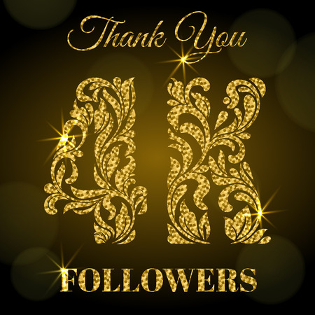 4K Followers. Thank you banner. Decorative Font with swirls and floral elements. Golden letters with sparks on a dark background.のイラスト素材