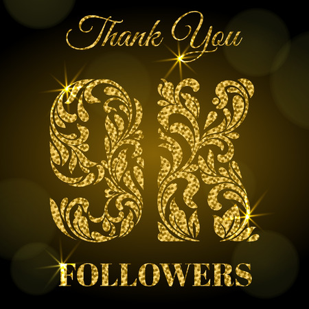 9K Followers. Thank you banner. Decorative Font with swirls and floral elements. Golden letters with sparks on a dark background.のイラスト素材