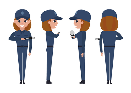Girl police officer isolated on white background. Traffic controller holds a striped rod near the chest. Front, side, back view animated character.のイラスト素材