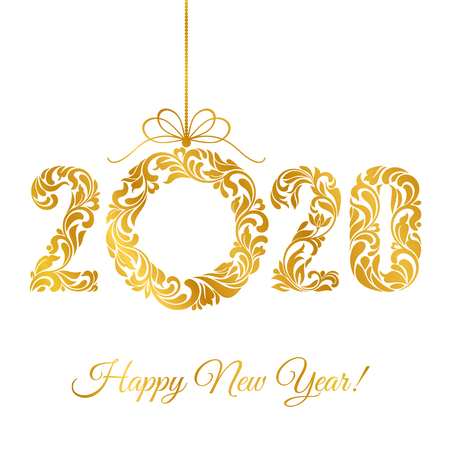 Happy New Year 2020. Decorative Font made of swirls and floral elements. Golden Numbers and Christmas wreath isolated on a white background.のイラスト素材