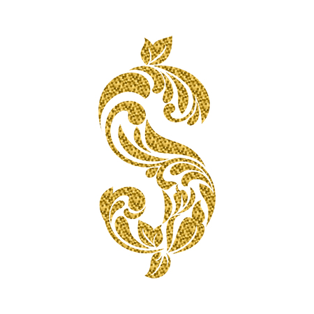 Dollar with golden glitter isolated on the white background. Decorative Font made of swirls and floral elements.のイラスト素材