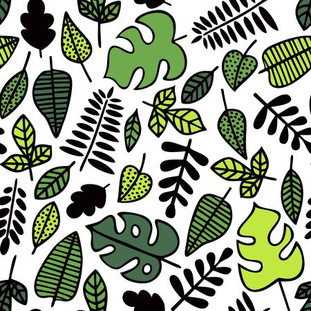 Seamless pattern. Green leaves of various plants isolated on white background. Texture for print, wallpaper, home decor, textile, package designのイラスト素材