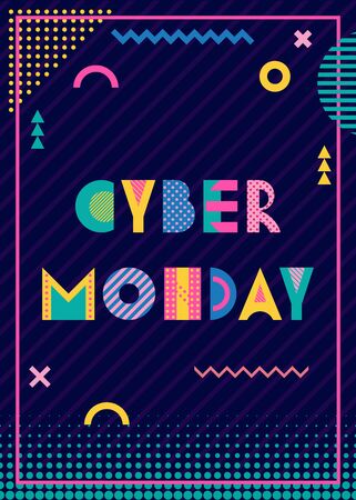 Banner CYBER MONDAY. Trendy geometric font in memphis style of 80s-90s. Text and abstract geometric shapes on striped dark blue backgroundのイラスト素材
