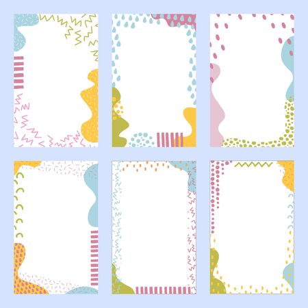 Set of sweet colorful backgrounds with hand drawn elements. Doodle art. Suitable for print, greeting card, banner, poster, label, package designのイラスト素材
