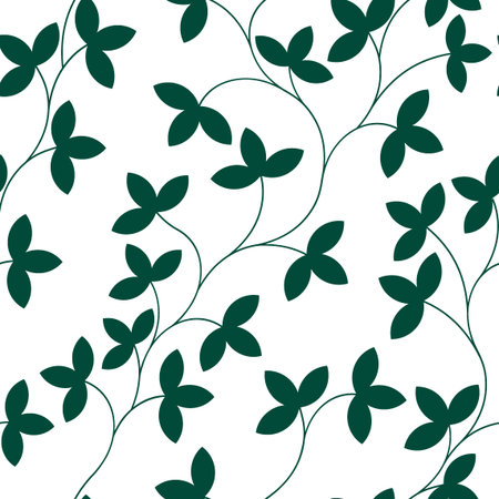 Seamless pattern. Thin green delicate twigs with leaves isolated on white background. Texture for...