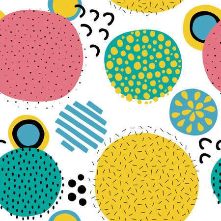 Seamless pattern. Colored circles with different artistic textures isolated on white background. Texture for print, wallpaper, home decor, textile, package designのイラスト素材