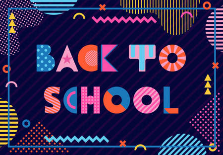 Back to school. Trendy geometric font in style of 80s-90s. Inscription and abstract geometric shapes on dark blue backgroundのイラスト素材