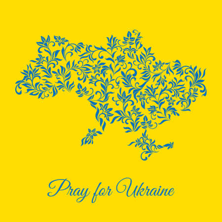 Pray For Ukraine. Ukraine map made from ornament and decorative flowersのイラスト素材