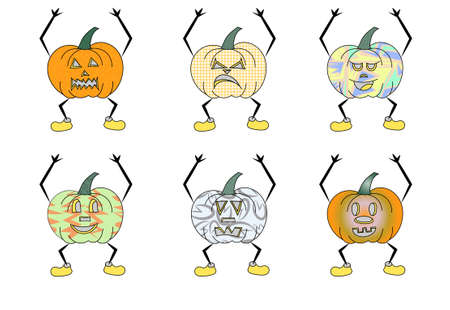Set of funny colored cartoon pumpkins monsters with hands up for your happy Halloweenのイラスト素材
