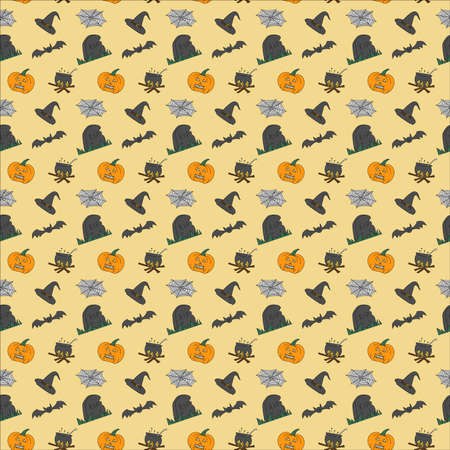 Light seamless pattern with halloween decoration. This seamless halloween pattern is able to scare and cheer! Use a clipart for your holiday decor. You can use all the elements together or separatelyのイラスト素材