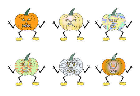Set of funny colored cartoon pumpkins monsters with hands apart for your happy Halloweenのイラスト素材