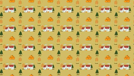Autumn seamless pattern with grass, two types of trees, farm house and halloween pumpkinsのイラスト素材