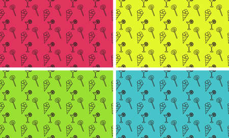 Set of four seamless patterns colored on yellow, pink, blue and green with food and drinkのイラスト素材