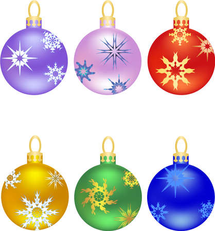 Set of Christmas and New Year balls with ornaments shaped as stars on transparent backgroundのイラスト素材