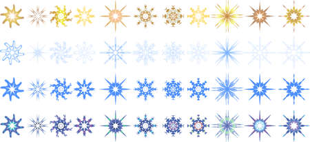 Set of Christmas and New Year snowflakes shaped as stars colored in white, blue, gold and gradientのイラスト素材