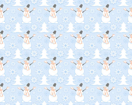 Seamless pattern with happy snowman colored in white and light blue with a bucket, mittens, scarf, carrotsのイラスト素材