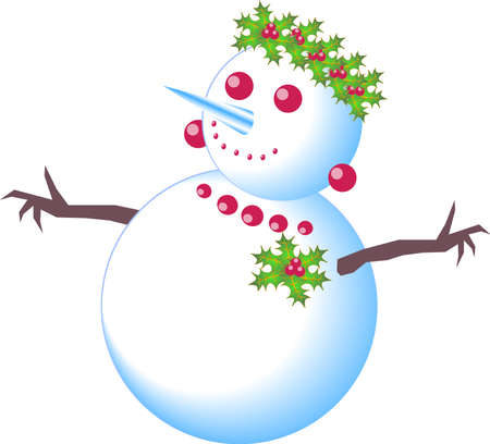 Snow girl happy and cute snowman with berries, leaves and mistletoe wreathのイラスト素材